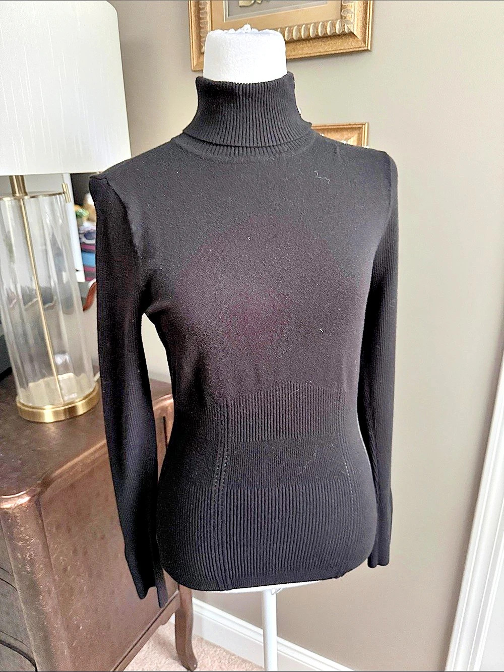 White House Black Market Ribbed Turtleneck Sweater with Button Cuffs Black